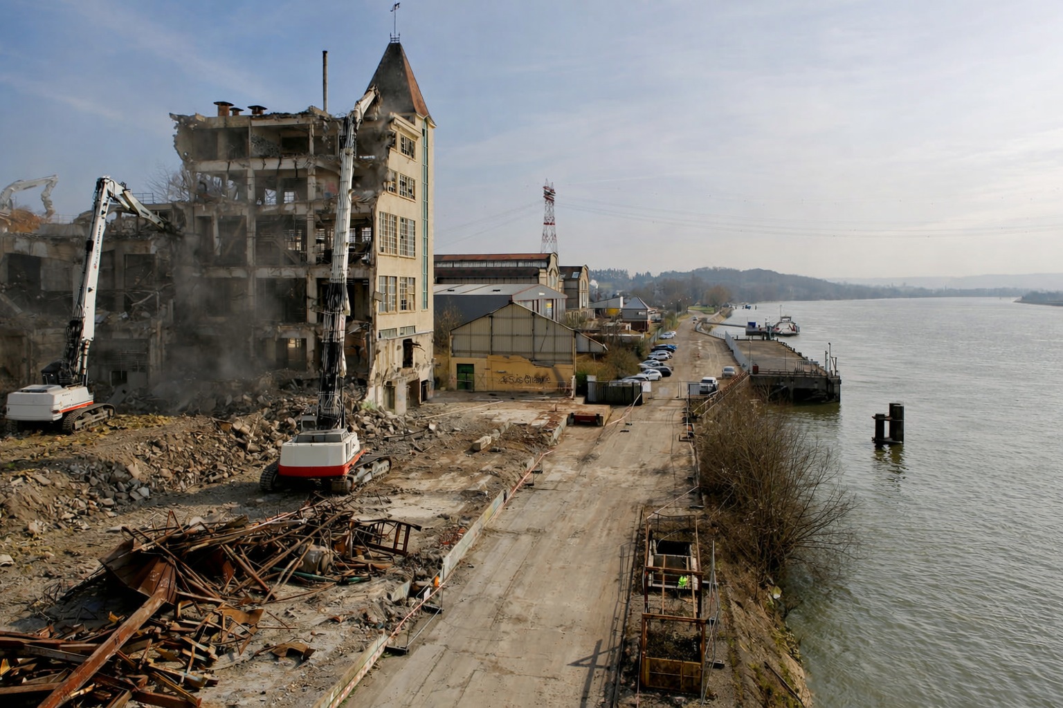 Chantier de démolition avec pelles mécaniques démantelant un bâtiment industriel en bord de rivière.