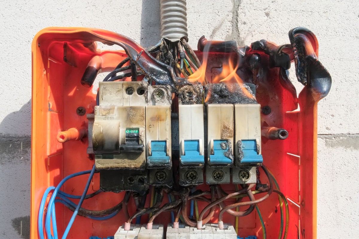 Tableau électrique en feu illustrant les risques d'un diagnostic électricité défaillant.