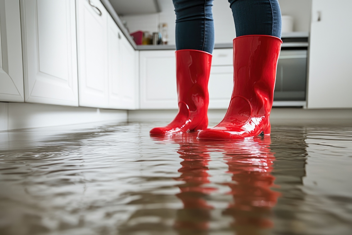 Bottes rouges dans une cuisine inondée, illustrant les risques et pollutions ERP.